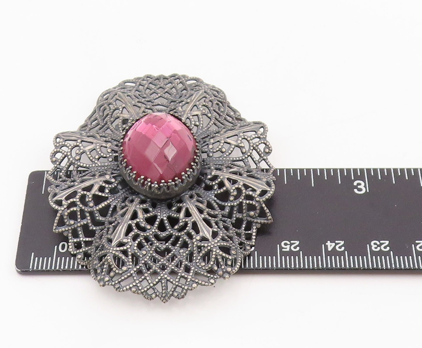 925 Sterling Silver Vintage Brooch Faceted Pink Topaz Openwork Petal  BP12096