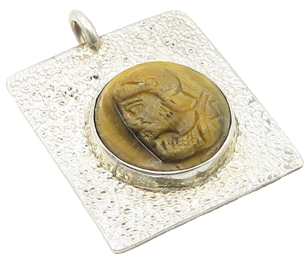 925 Sterling Silver  Vintage Face Carved Tiger's Eye Hammered Pendant  PT13415