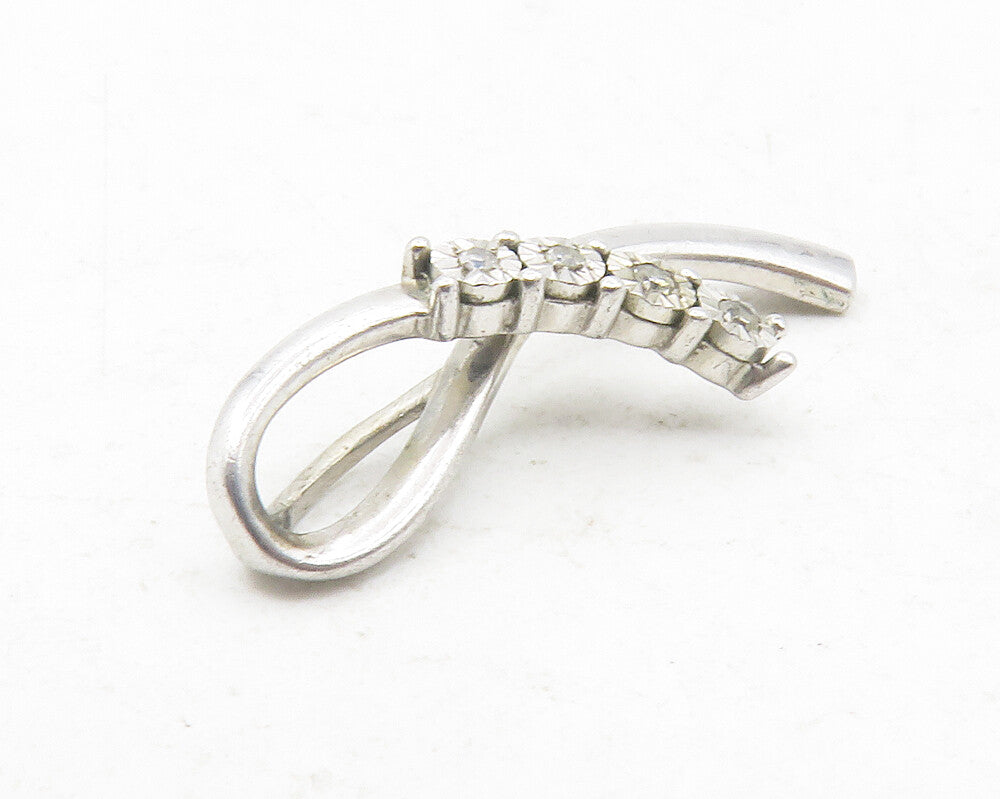 925 Sterling Silver  Vintage Shiny Genuine Diamonds Ribbon Pendant  PT9560
