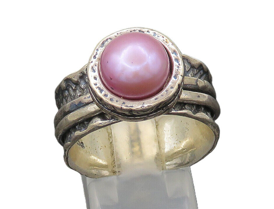 SHABLOOL ISRAEL 925 Silver  Vintage Pink Pearl Oxidized Band Ring Sz 9 RG21311
