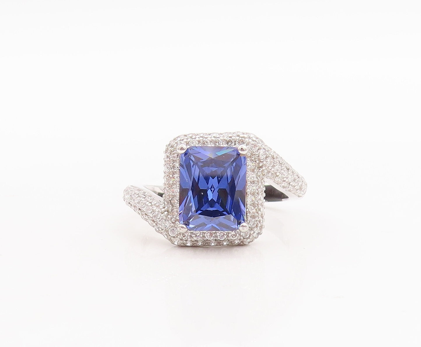 925 Sterling Silver Vintage Ring Designer Rectangle Sapphire & CZ Sz 7 RG29222