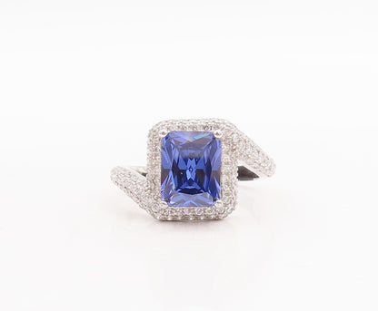 925 Sterling Silver Vintage Ring Designer Rectangle Sapphire & CZ Sz 7 RG29222