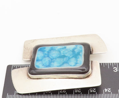 925 Silver  Vintage Modernist Large Black Blue Moss Agate Brooch Pin  BP10345
