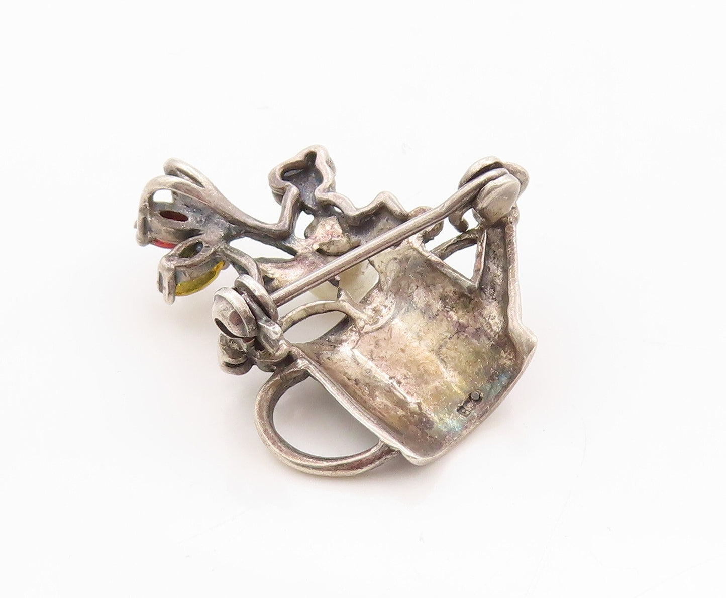 925 Sterling Silver Vintage Brooch Pin Pearl Topaz Flower Watering Jug  BP11274