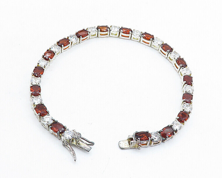 925 Sterling Silver  Cubic Zirconia & Red Topaz Shiny Tennis Bracelet  BT2164