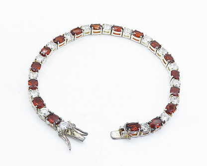 925 Sterling Silver  Cubic Zirconia & Red Topaz Shiny Tennis Bracelet  BT2164