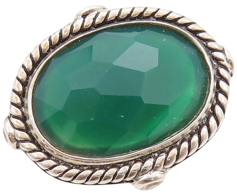 925 Sterling Silver Vintage Ring Twisted Rope Oval Green Onyx & CZ Sz 7  RG30304