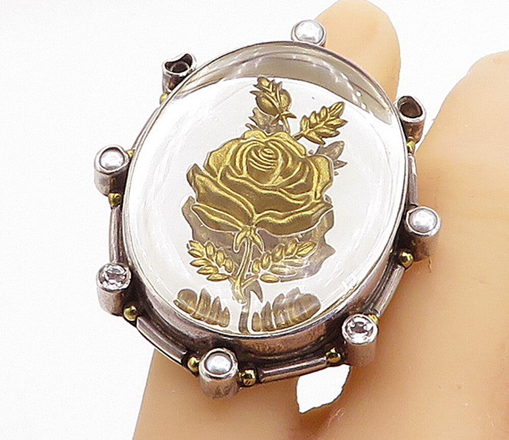 DESIGNER 925 Silver  Vintage Pearls & Topaz Rose Cocktail Ring Sz 6  RG7691