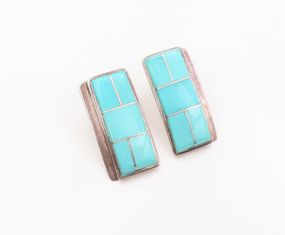 925 Sterling Silver Vintage Earrings TEME NAVAJO Rectangle Larimar Inlay EG13336
