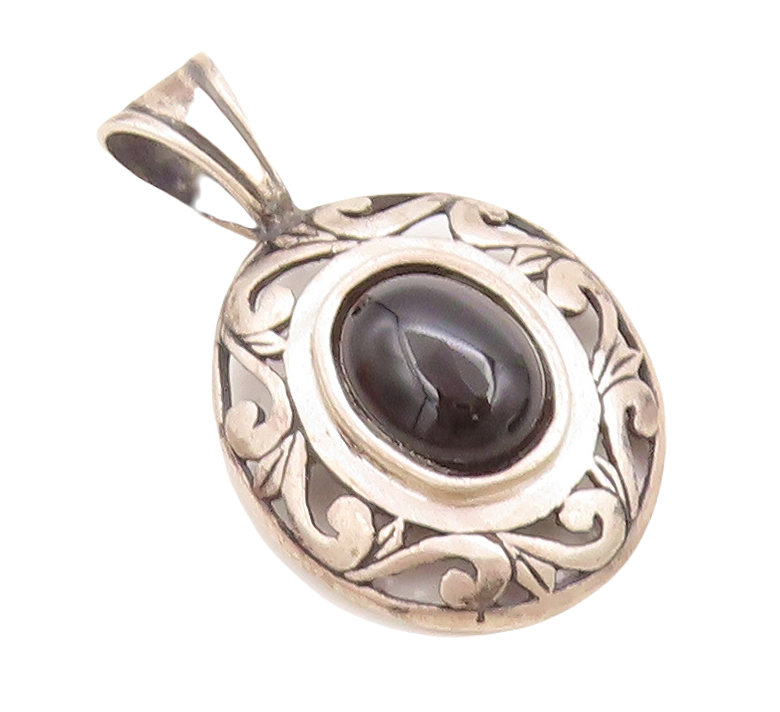 925 Sterling Silver Vintage Pendant JEZLAINE Swirly Carved Cabochon Onyx PT23837