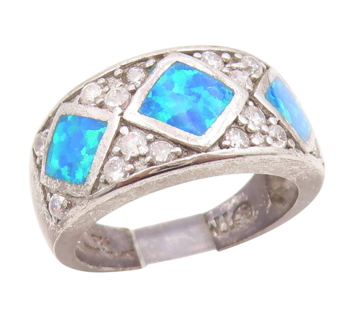 925 Sterling Silver Vintage Ring Fire Opal & CZ Statement Band  Sz 7  RG35023