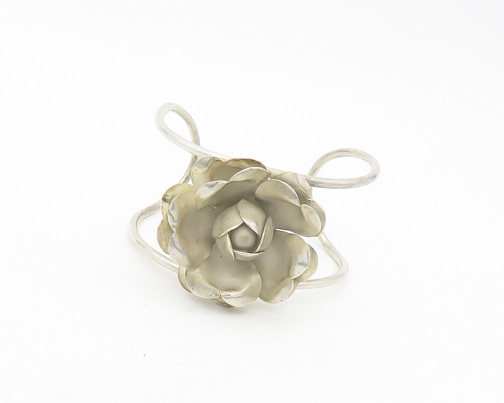 DESIGNER 925 Silver  Vintage Sculpted Flower Motif Shiny Cuff Bracelet  BT7815