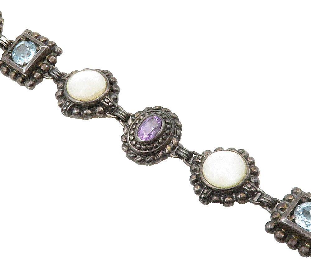 925 Silver  Vintage Mother Of Pearl Amethyst & Topaz Chain Bracelet  BT5975