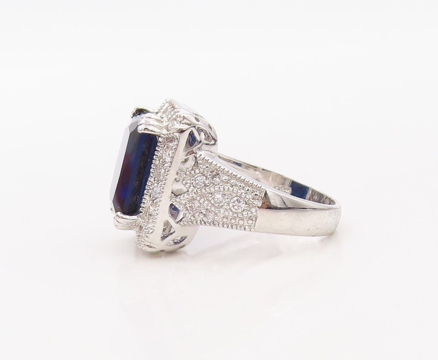 925 Sterling Silver Vintage Ring Rectangle Sapphire Halo CZ Frame  Sz 7  RG30784