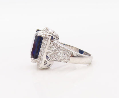 925 Sterling Silver Vintage Ring Rectangle Sapphire Halo CZ Frame  Sz 7  RG30784