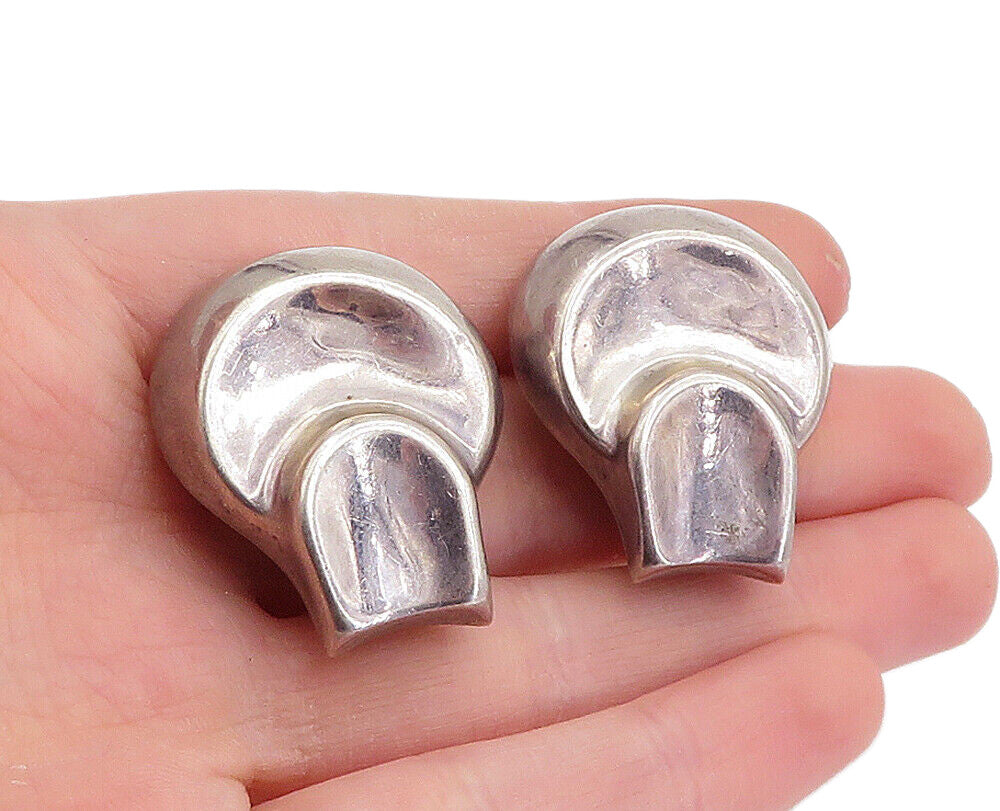 MEXICO 925 Sterling Silver  Vintage Shiny Dark Tone Non Pierce Earrings EG2803