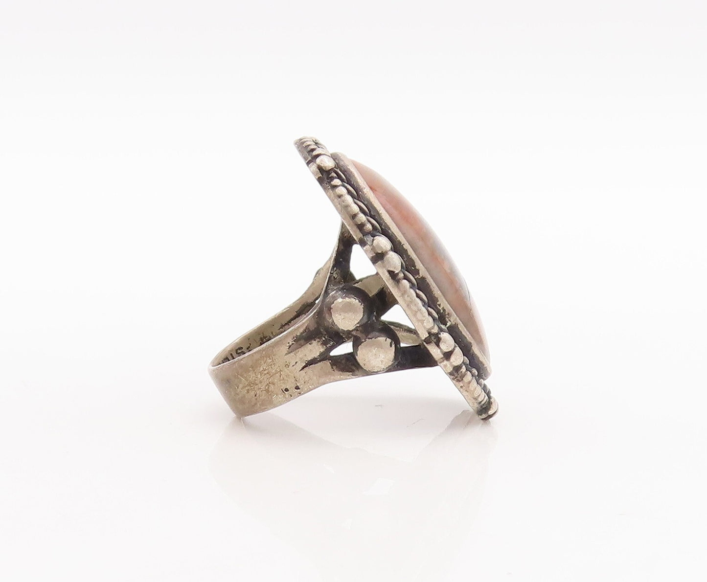 925 Sterling Silver Vintage Ring NAVAJO Floral Carved Border Gem  Sz 6  RG28738