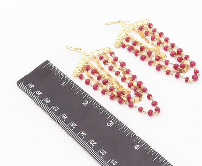 925 Sterling Silver Vintage Earrings Gold Plated Dangling Beaded Ruby  EG13162