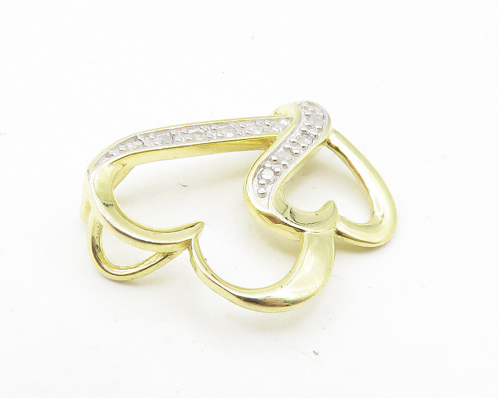925 Sterling Silver  Shiny Genuine Diamonds Gold Plated Hearts Pendant  PT8010