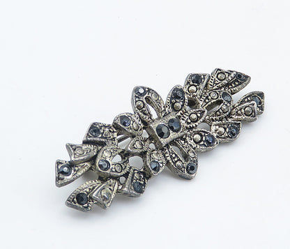 925 Sterling Silver  Vintage Hematite Dark Tone Floral Brooch Pin  BP2875