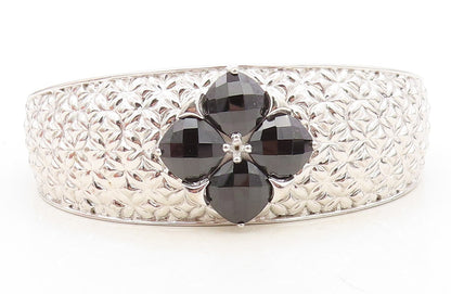 925 Sterling Silver  Black Hematite Flower Patterned Cuff Bracelet  BT2887