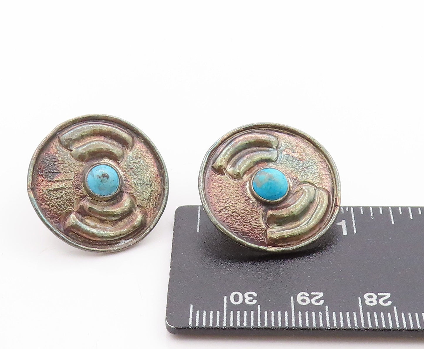 925 Sterling Silver Vintage Earrings Antique Etched Turquoise Disk  EG13593