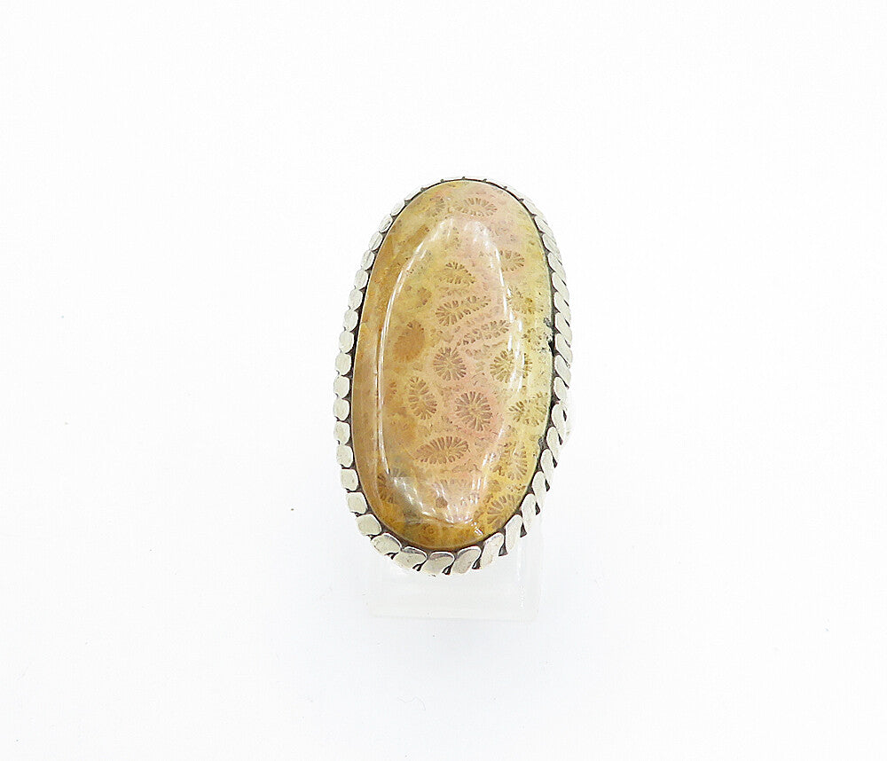 925 Sterling Silver Fossilized Coral Oval Cocktail Ring Sz 8.5  RG8005