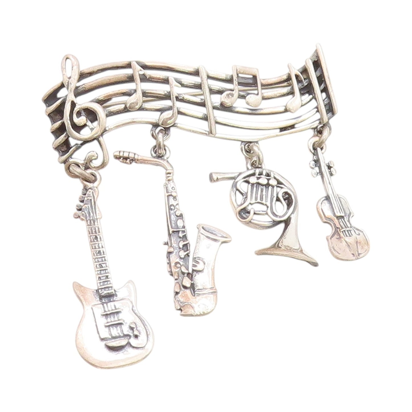 925 Sterling Silver Vintage Brooch Musical Notes & Dangling Instruments  BP11697