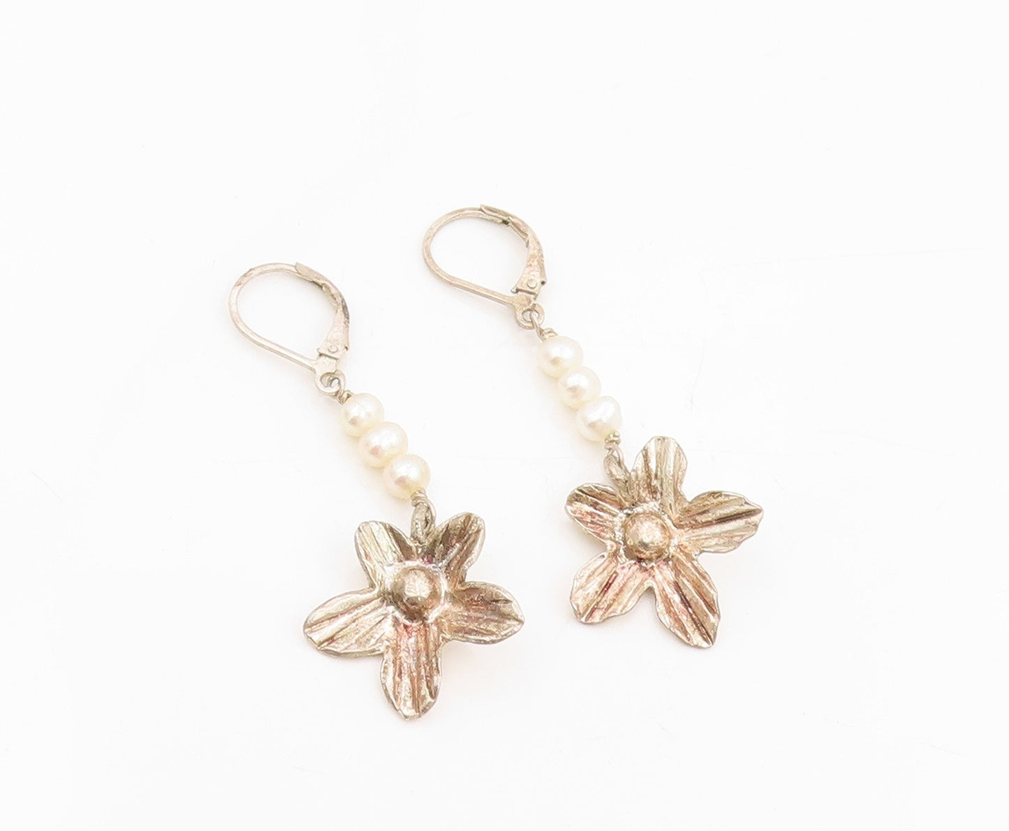 925 Sterling Silver Vintage Earrings Round Pearl Etched Floral Dangles  EG13804