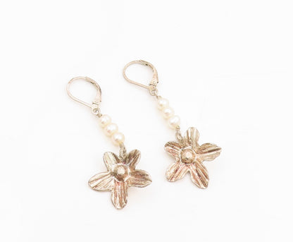 925 Sterling Silver Vintage Earrings Round Pearl Etched Floral Dangles  EG13804