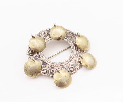 925 Sterling Silver Vintage Brooch Pin Europe Carved Ring Dangling Coins BP10892