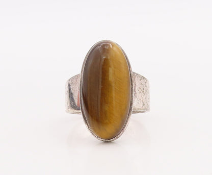 925 Sterling Silver Vintage Ring Large Cabochon Oval Tiger's Eye  Sz 9 RG28884