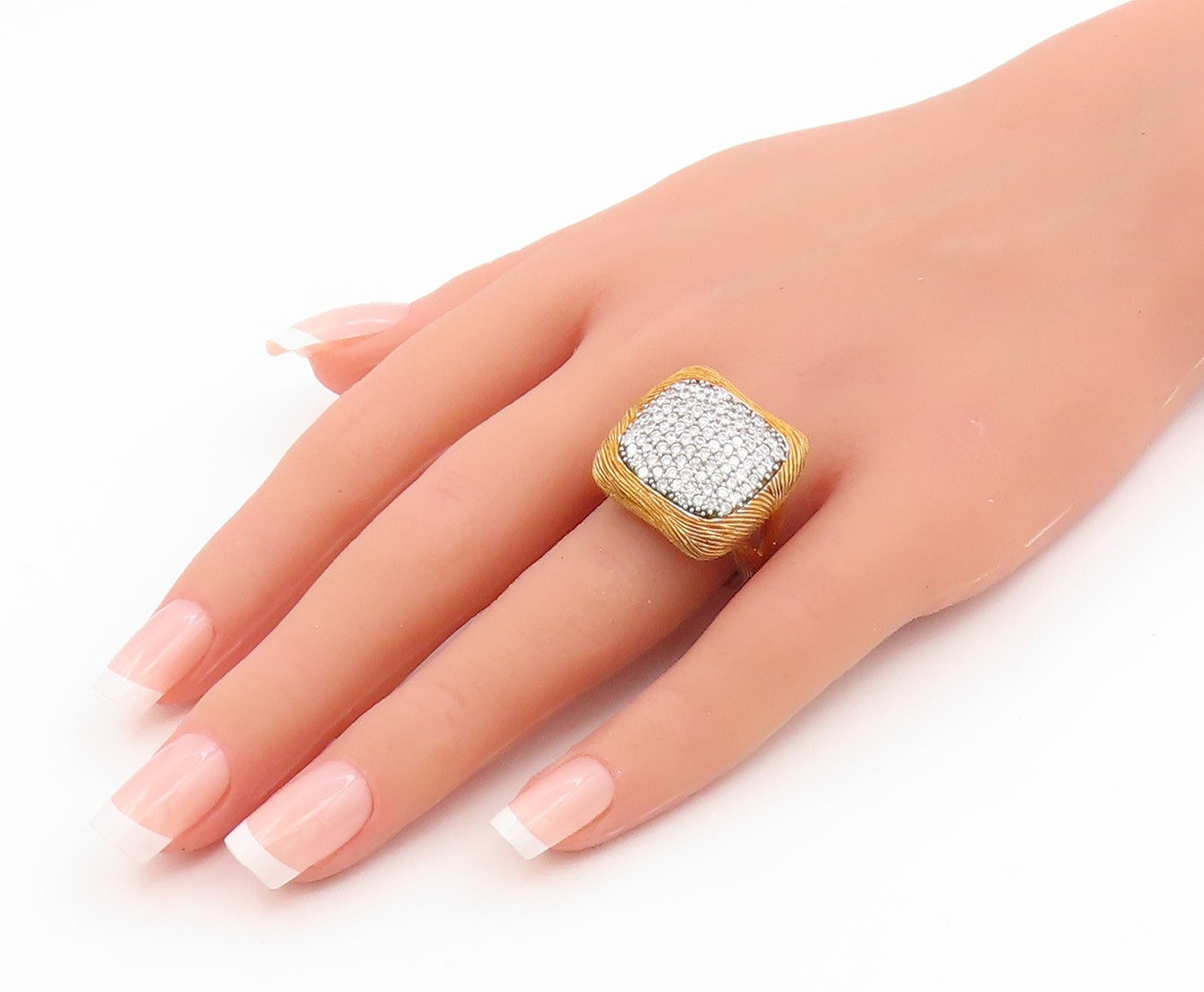 925 Sterling Silver Vintage Ring Two Tone CZ Etched Square Band  Sz 8  RG35622