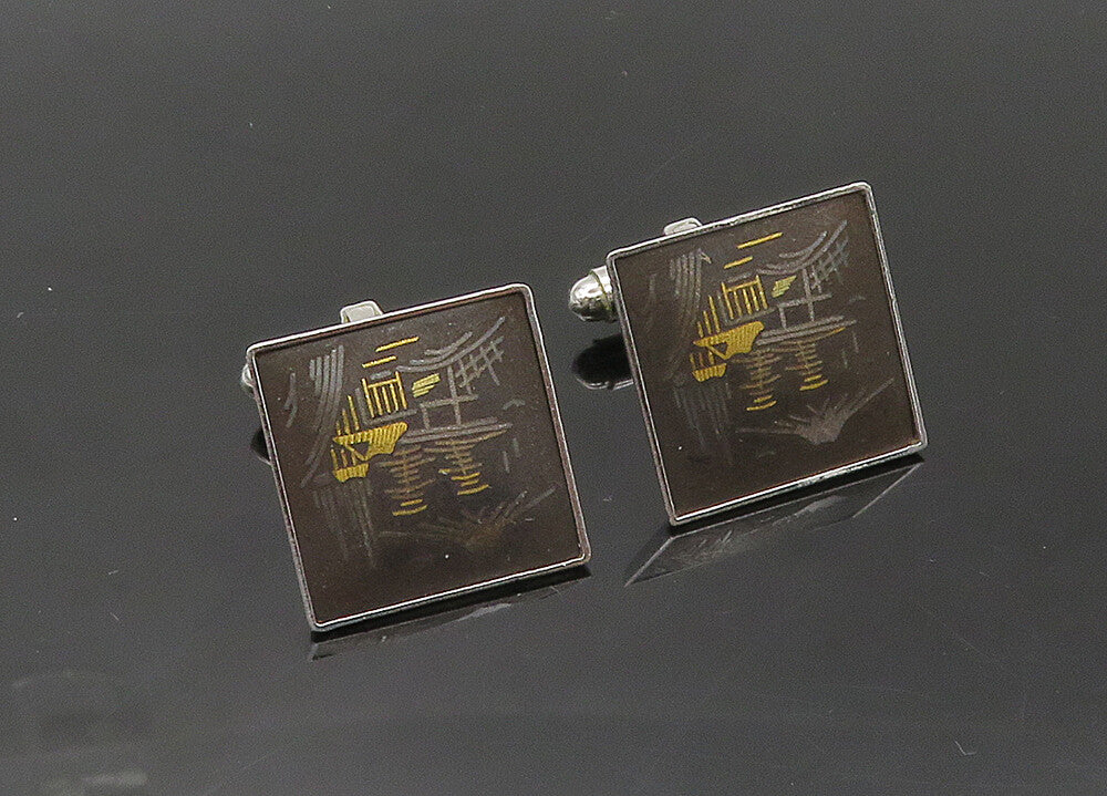 AMITA 925 Sterling Silver  Vintage Pagoda Mountain Scene Cufflinks  TR2933
