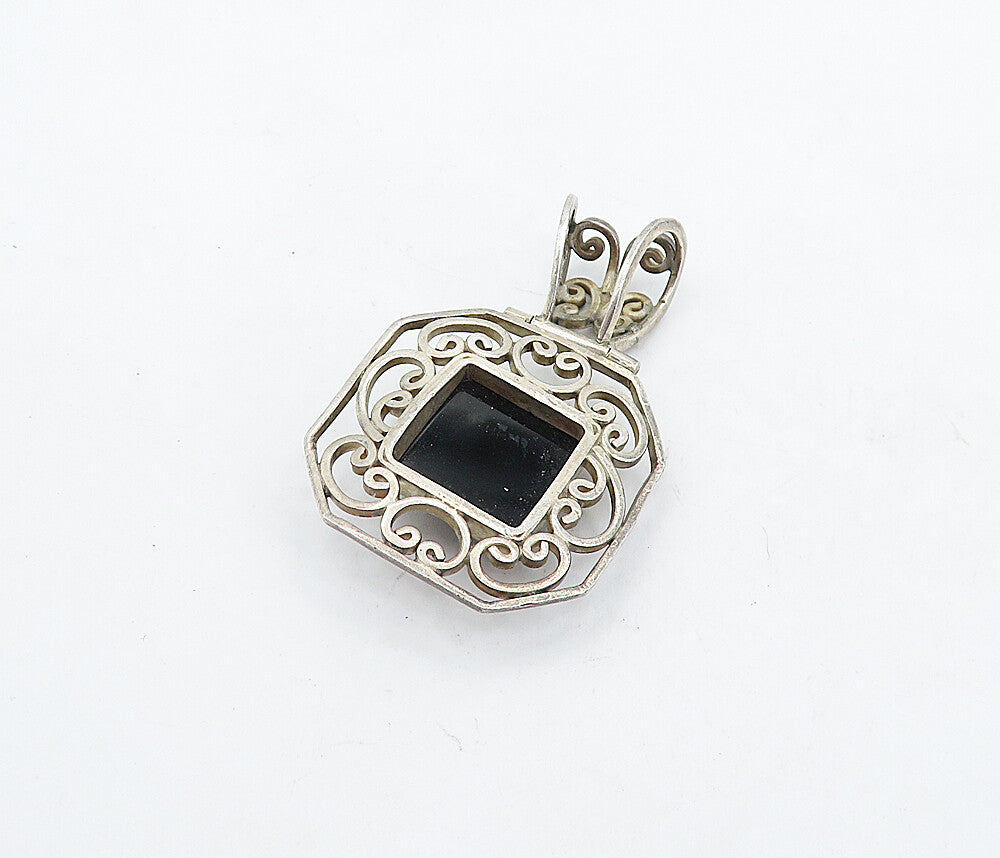 925 Sterling Silver  Vintage Cabochon Black Onyx Swirl Octagon Pendant  PT3856