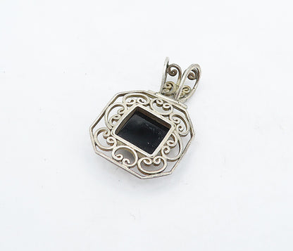 925 Sterling Silver  Vintage Cabochon Black Onyx Swirl Octagon Pendant  PT3856