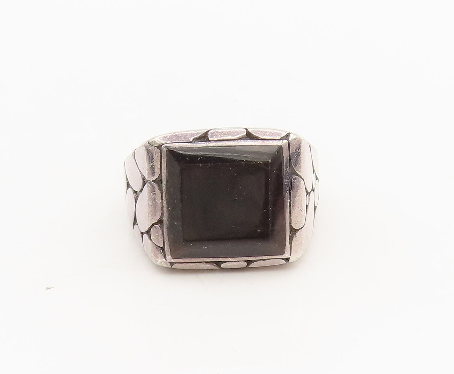 925 Sterling Silver  Vintage Pebble Wall Etched Band Onyx Ring Sz 11.5 RG26784
