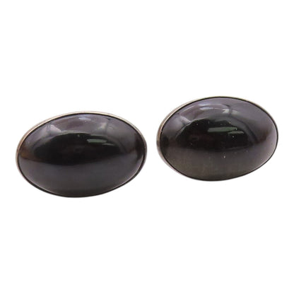 MEXICO 925 Silver  Vintage Cabochon Cut Black Onyx Oval Cuff Links  TR1833