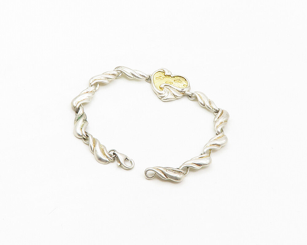 GORHAM 925 Silver  Vintage 2 Tone Heart Footprint Quote Chain Bracelet  BT6941