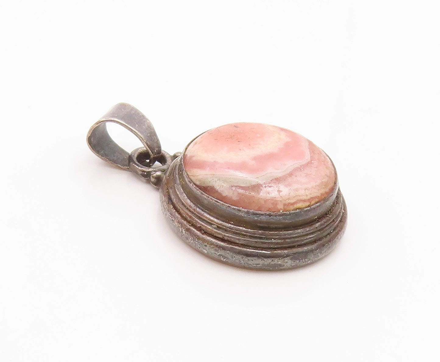925 Sterling Silver Vintage Cabochon Cut Rhodochrosite Round Pendant  PT17926