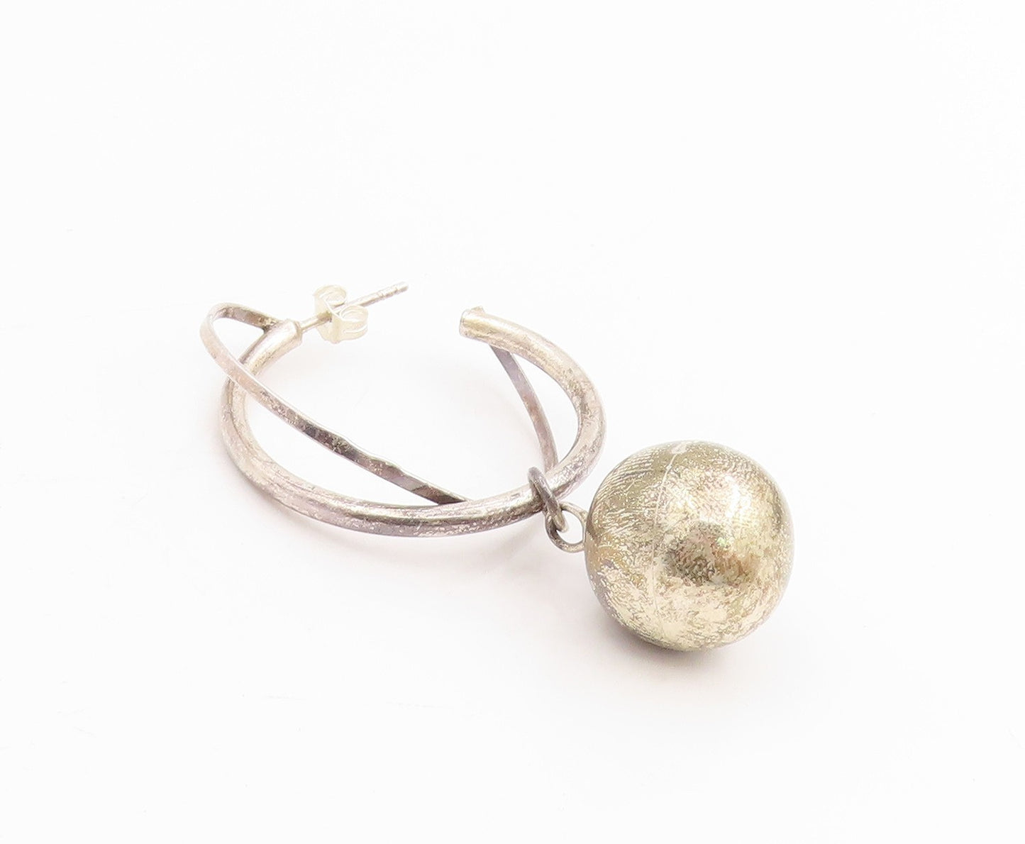 925 Sterling Silver Vintage Earrings Double Hoop Geometric Sphere Dangle EG13757