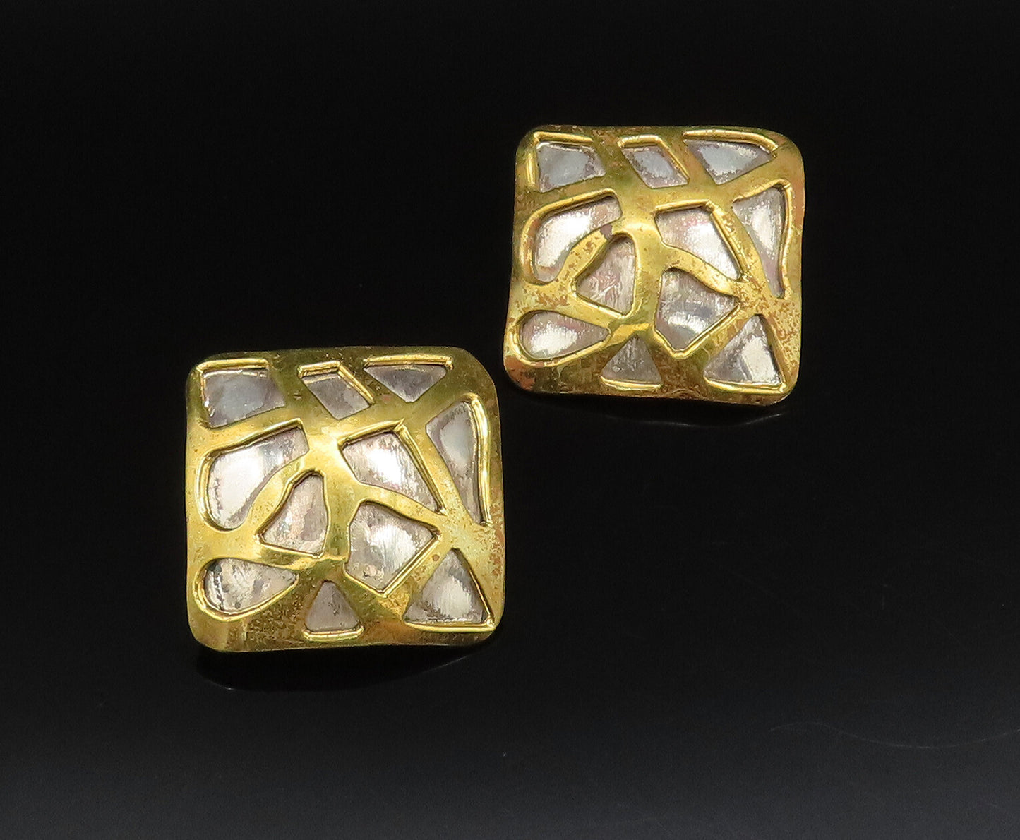 925 Silver  Vintage Two Tone Carved Shapes Clip Back Dome Earrings  EG12208
