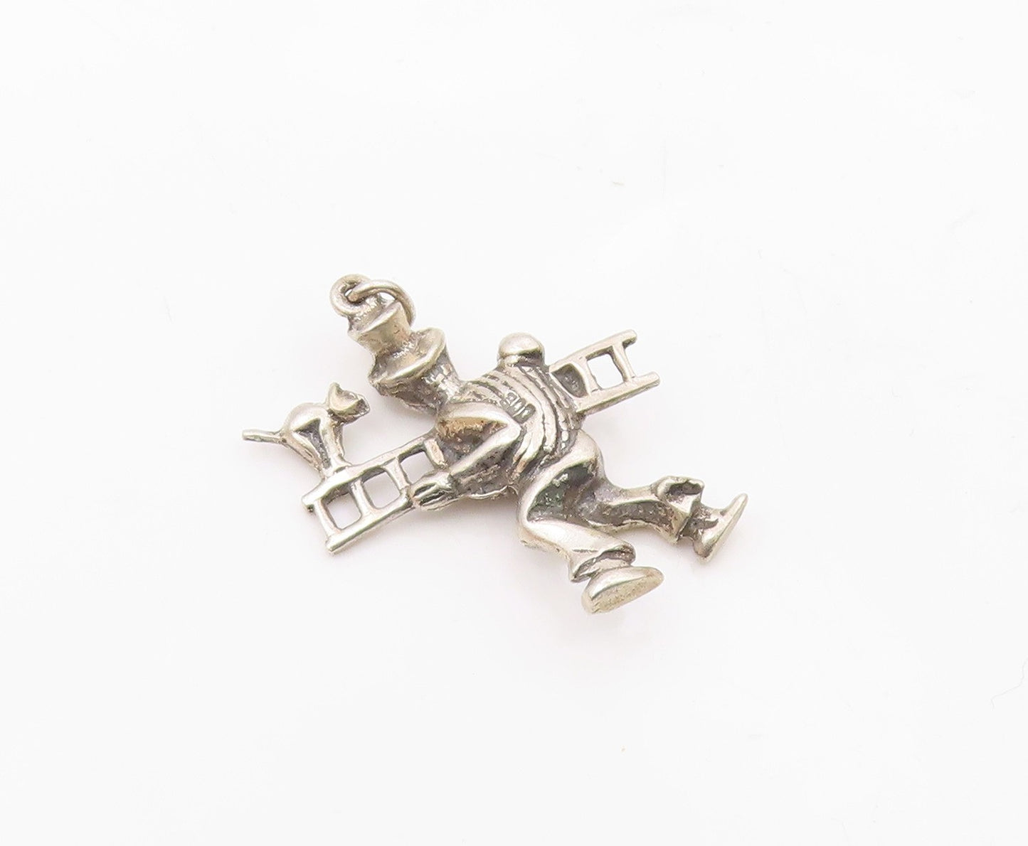 925 Sterling Silver  Vintage Shiny Man Carrying Ladder & Cat Pendant  PT17456