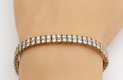 925 Sterling Silver  Cubic Zirconia 2 Row Gold Plated Tennis Bracelet  BT1719