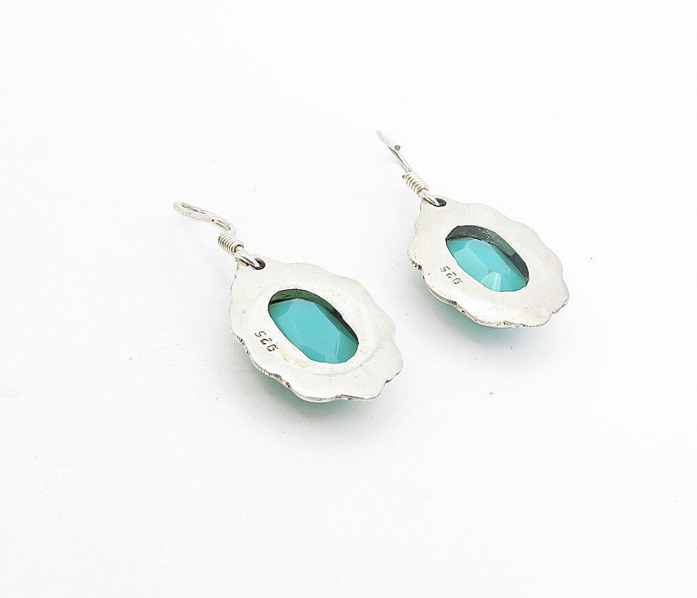 925 Sterling Silver Vintage Aqua Chalcedony Swirl Dangle Earrings EG3619