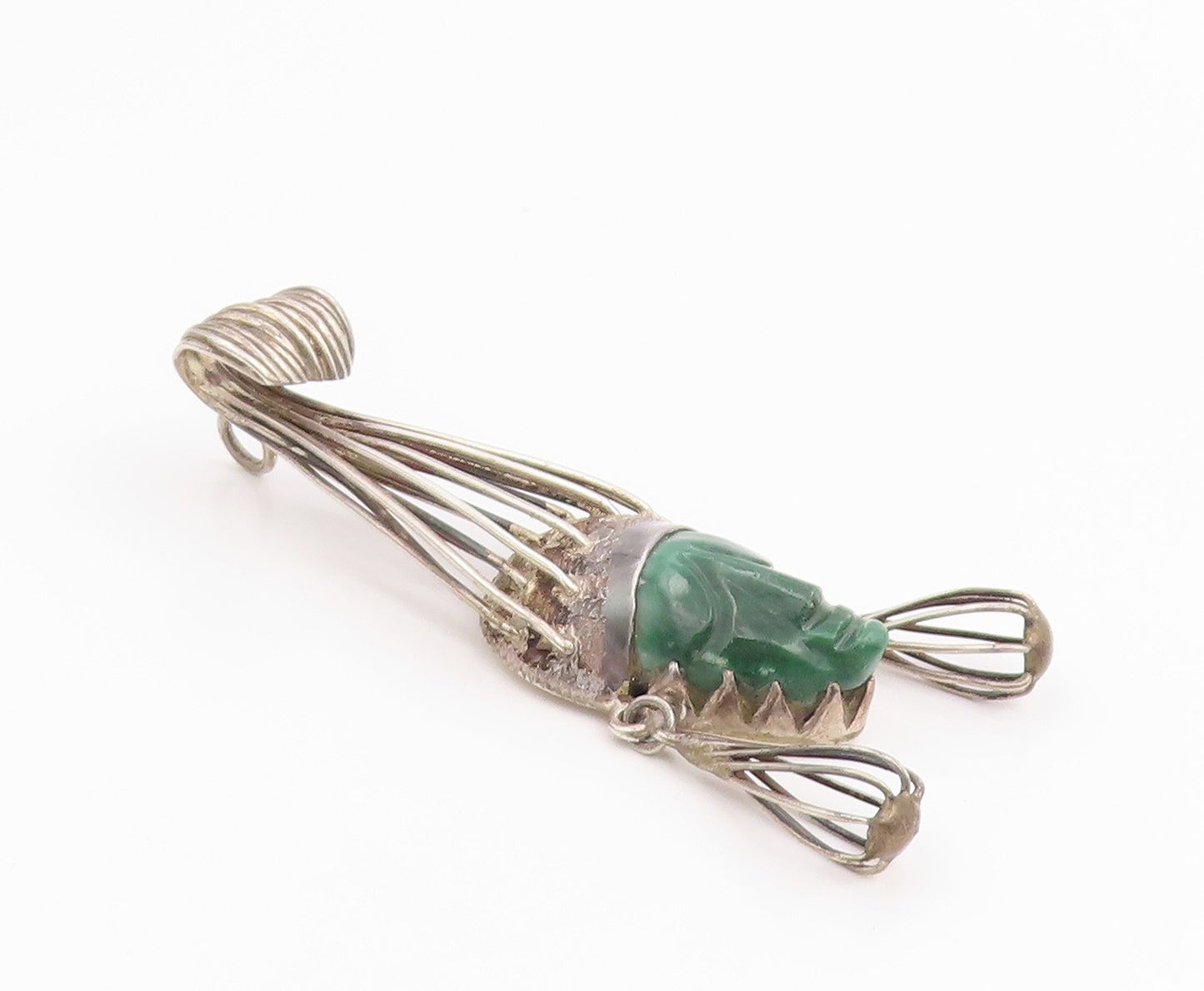 925 Sterling Silver Vintage Pendant TAXCO MEXICO Carved Jade Warrior  PT26046