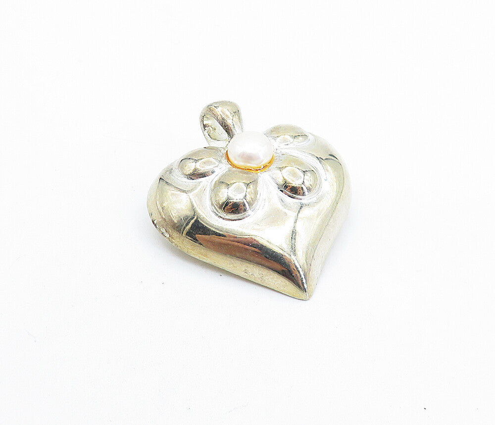 925 Sterling Silver  Vintage Pearl Hollow Floral Love Heart Brooch Pin  BP2293