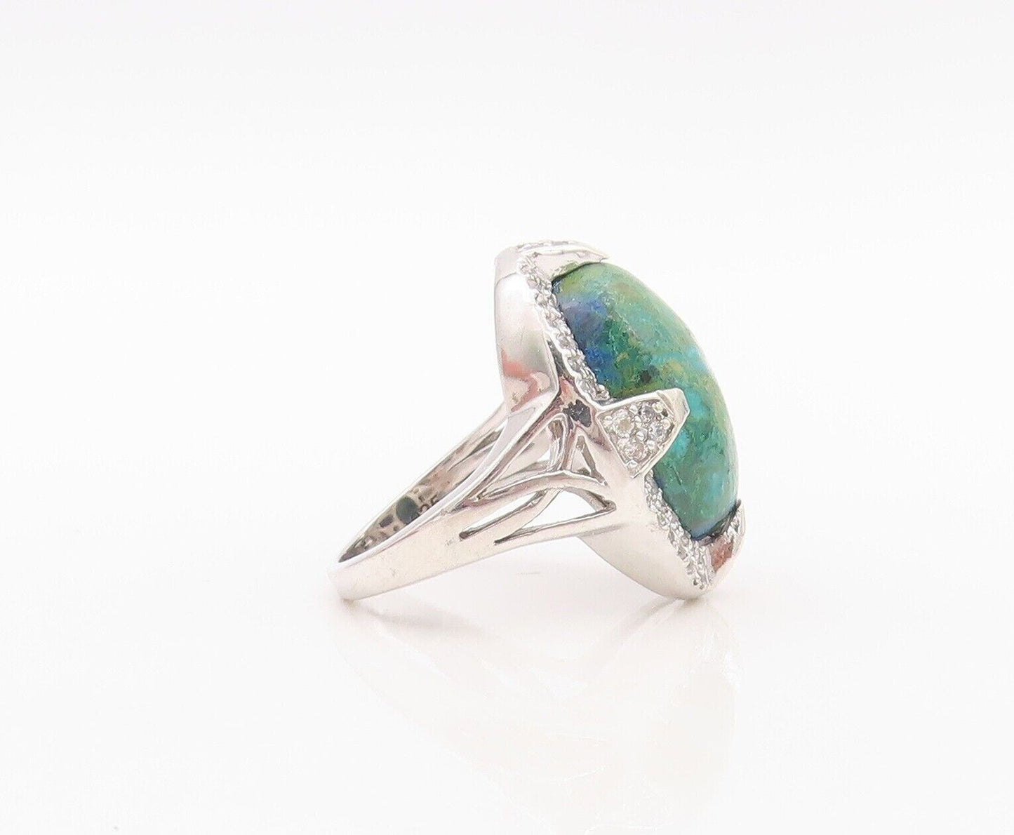 925 Sterling Silver Vintage Ring Oval Cabochon Azurite Halo Topaz  Sz 7  RG30130