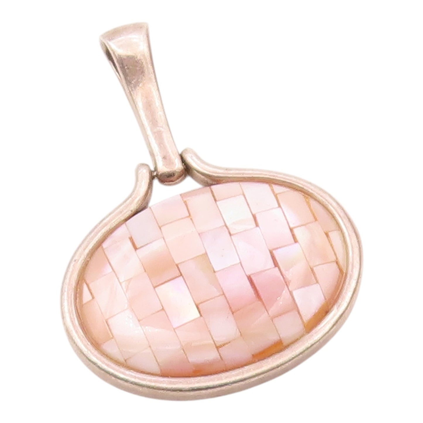 925 Sterling Silver  Vintage Mother Of Pearl Two Sided Oval Pendant  PT15687