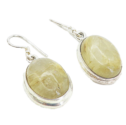 925 Sterling Silver  Vintage Cabochon Rutilated Quartz Dangle Earrings  EG3620